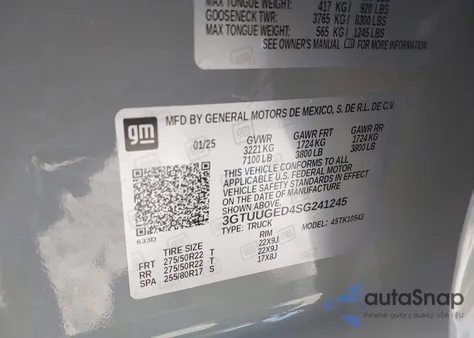 2025 GMC Sierra 1500 z USA, uszkodzony, nr VIN 3GTUUGED4SG241245